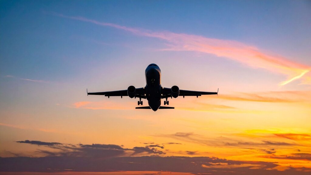 Fotografia de um avião comercial visto de frente e de baixo, em voo, com o trem de pouso acionado.