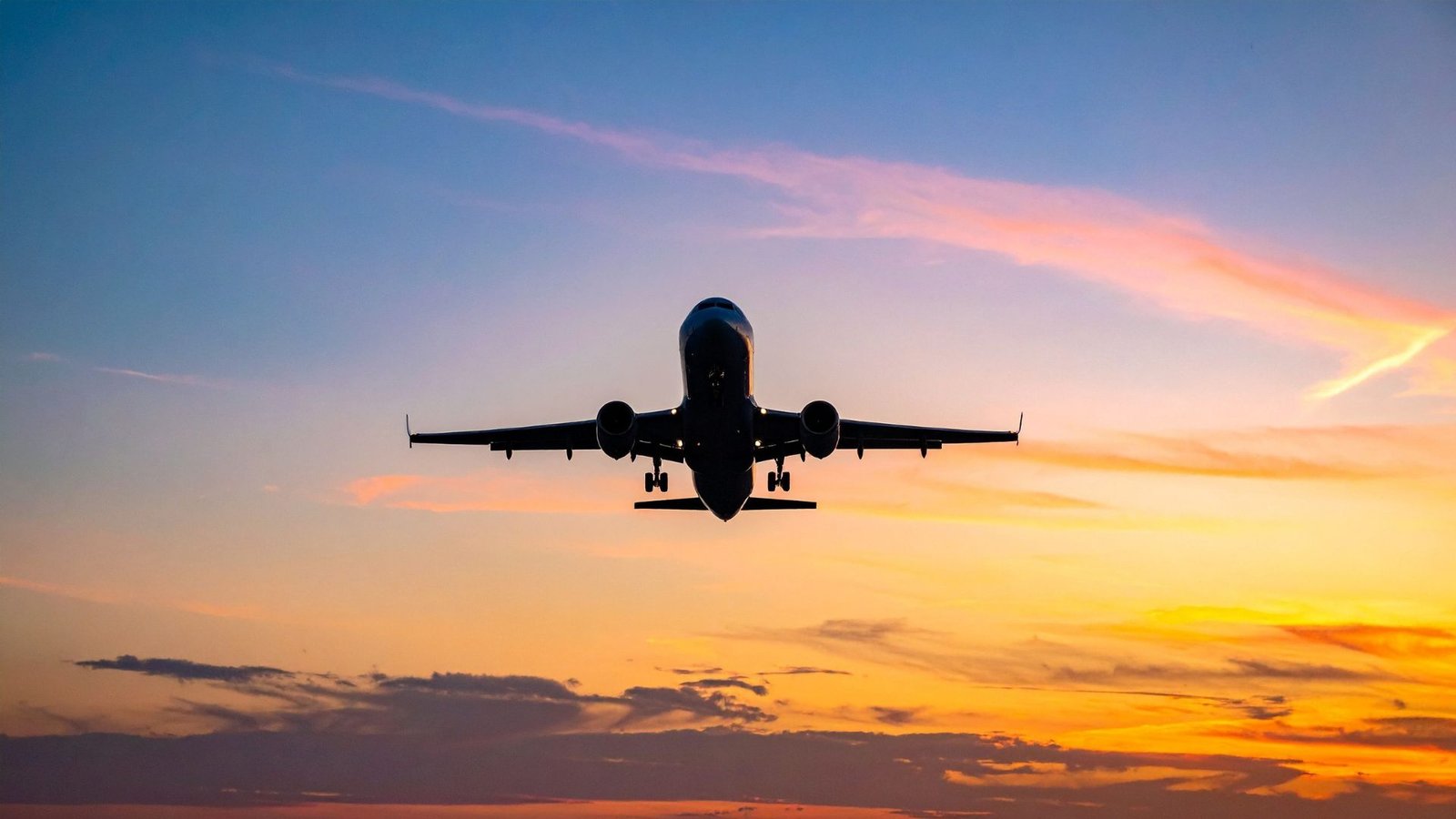 Fotografia de um avião comercial visto de frente e de baixo, em voo, com o trem de pouso acionado.